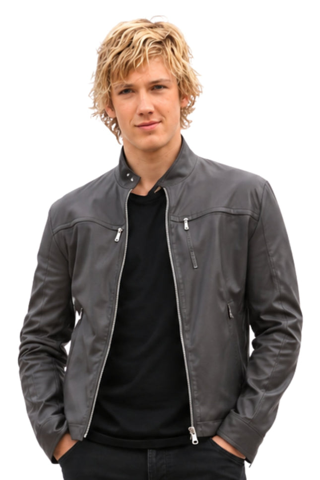 Man wearing a gray leather jacket on a white background