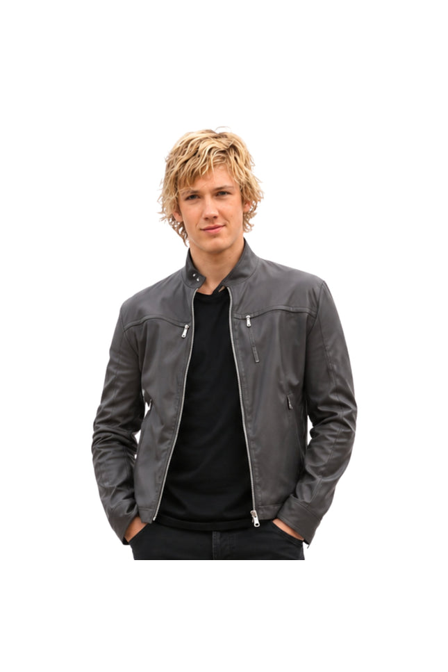 Man wearing a gray leather jacket on a white background