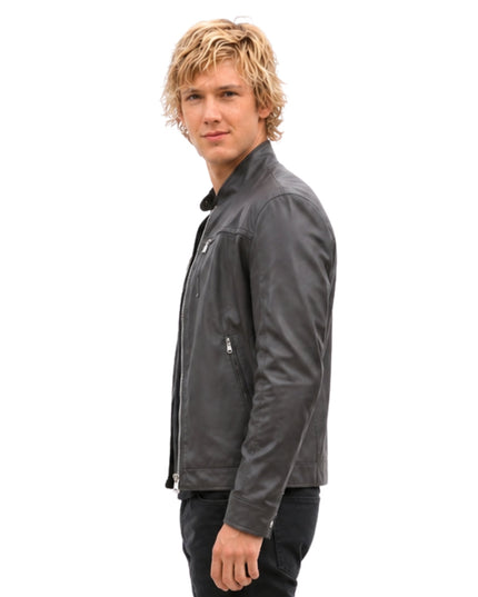 Man wearing a gray jacket on a white background