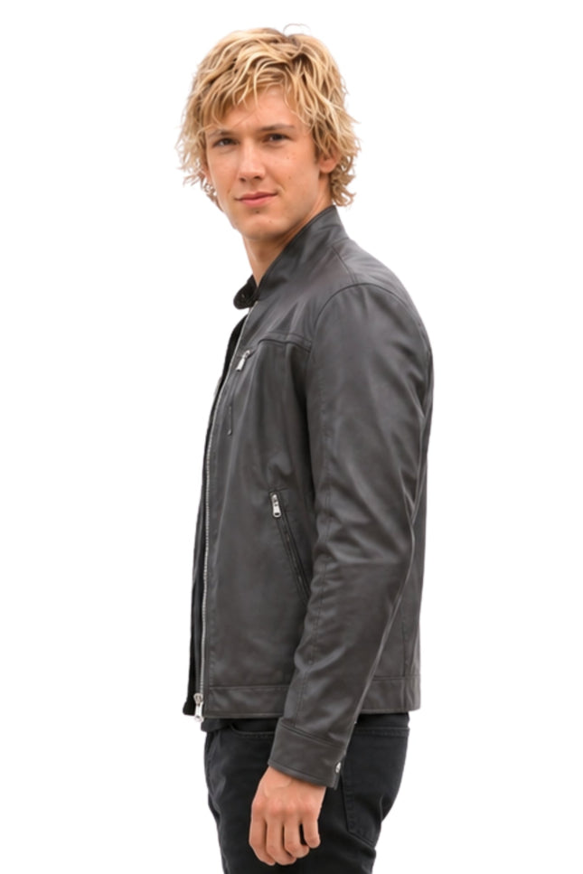 Man wearing a gray jacket on a white background
