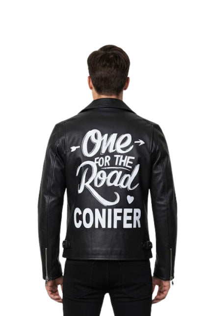 Black leather jacket with 'One for the Road Conifer' text on the back, worn by a person.