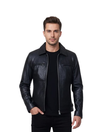 Man wearing a black leather jacket on a white background