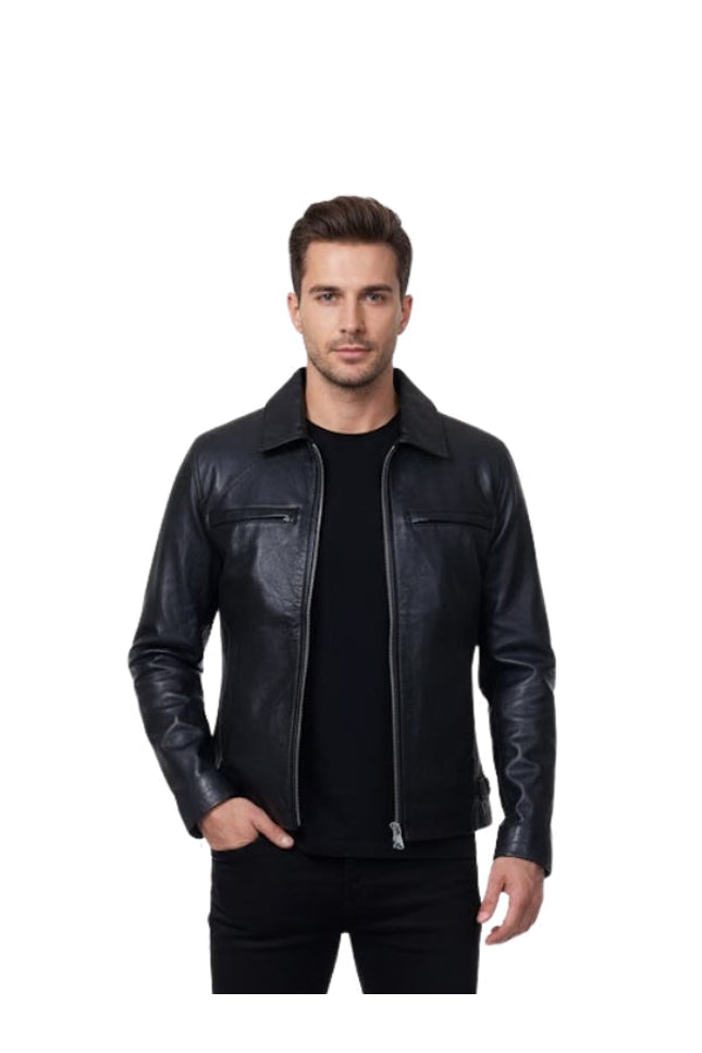 Man wearing a black leather jacket on a white background