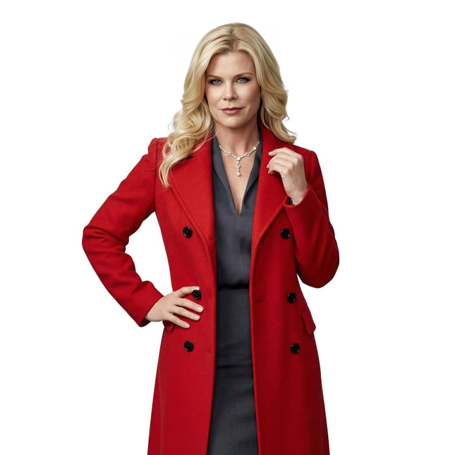 Woman wearing a red coat on a white background