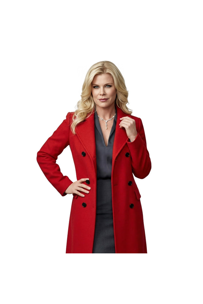 Woman wearing a red coat on a white background