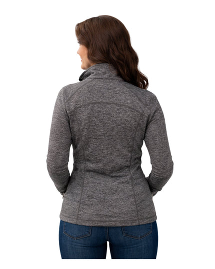 Woman wearing a gray jacket on a white background
