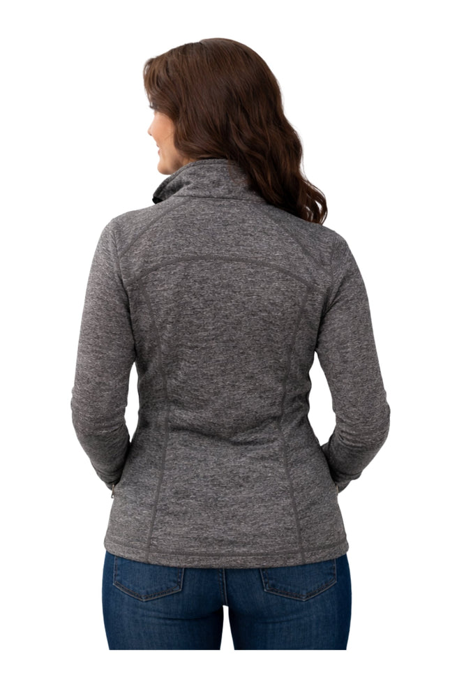 Woman wearing a gray jacket on a white background
