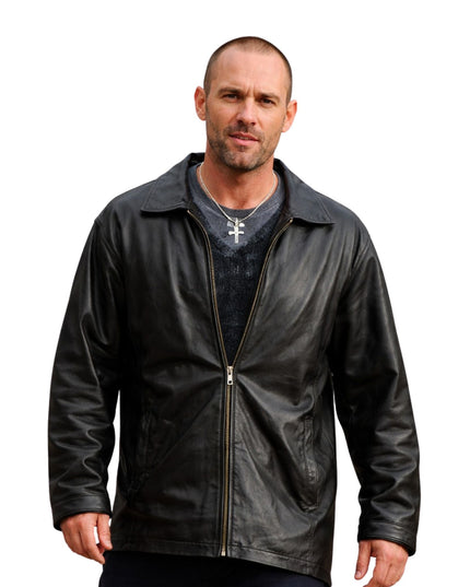 Man wearing a black leather jacket on a white background