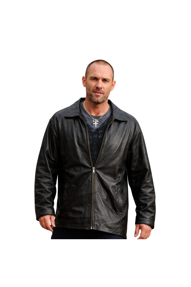 Man wearing a black leather jacket on a white background