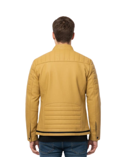 Person wearing a mustard yellow jacket on a white background