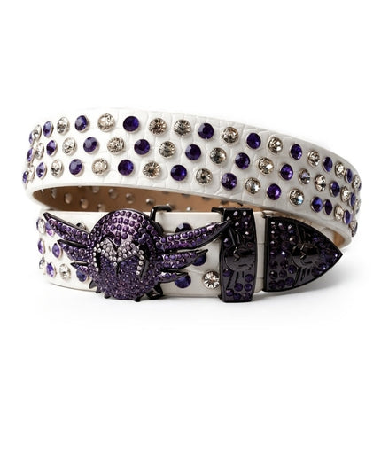 Decorative belt with purple and silver accents on a white background