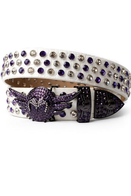 Decorative belt with purple and silver accents on a white background