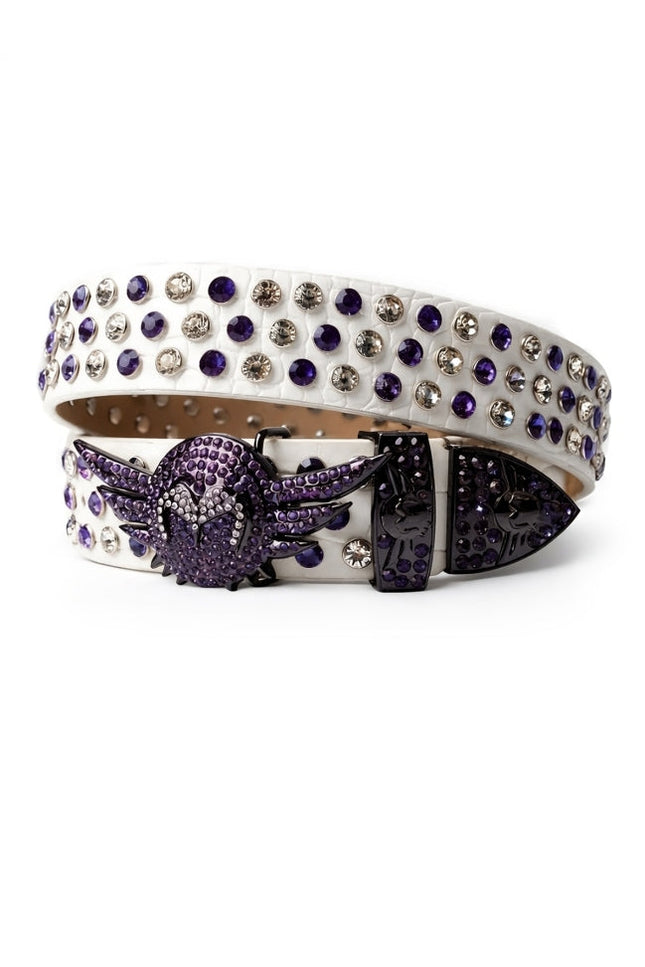 Decorative belt with purple and silver accents on a white background
