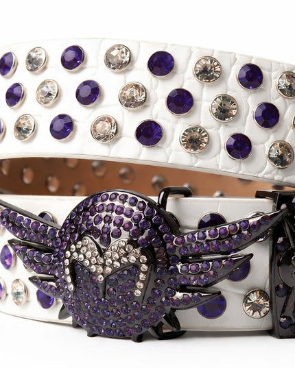 Belt with purple and silver rhinestone buckle on a white background