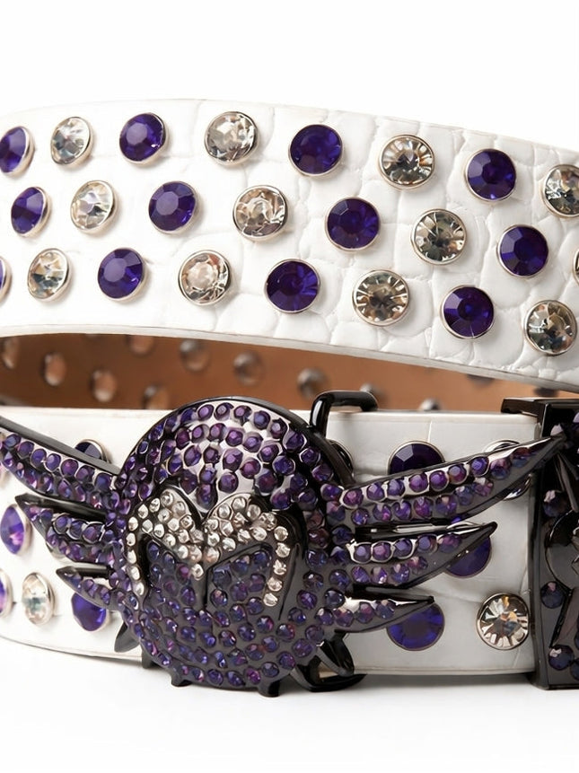 Belt with purple and silver rhinestone buckle on a white background