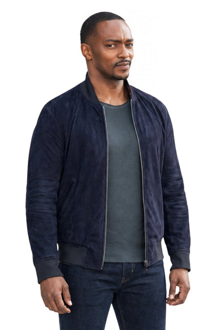 Person wearing a blue bomber jacket 