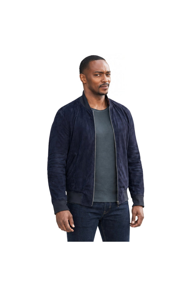 Person wearing a blue bomber jacket 