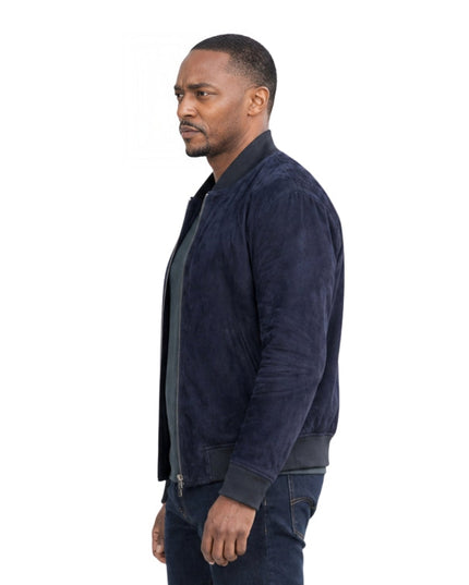 person wearing a blue bomber jacket 