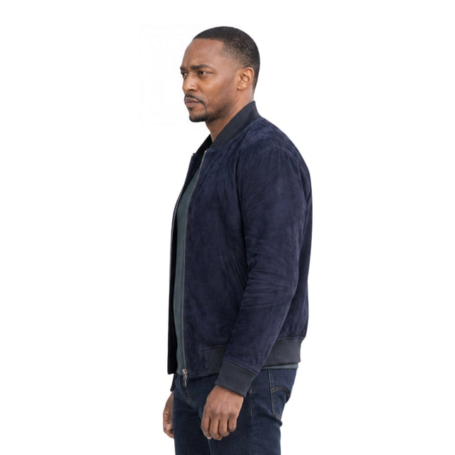 person wearing a blue bomber jacket 