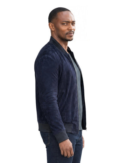 Man wearing a suede bomber jacket 