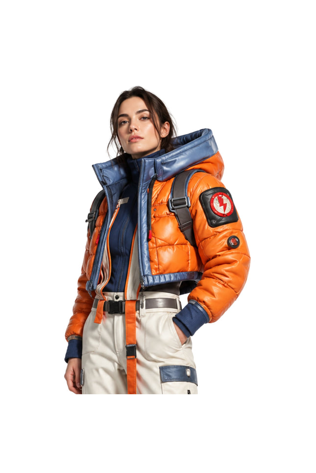 Person wearing an orange and blue jacket with a backpack on a white background