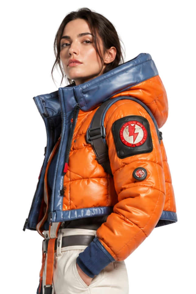 Person wearing an orange and blue jacket with a backpack on a white background
