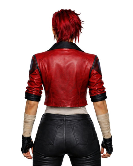 Person wearing a red leather jacket and black pants on a white background