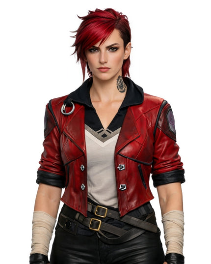 Character in a red leather jacket with a white background
