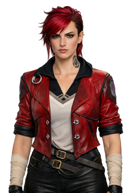 Character in a red leather jacket with a white background