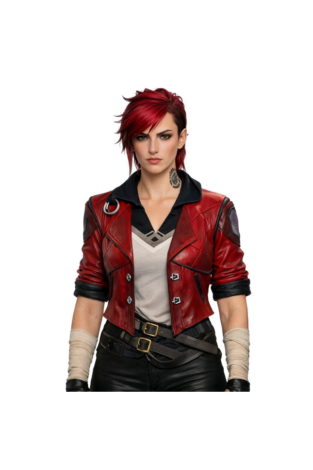 Character in a red leather jacket with a white background