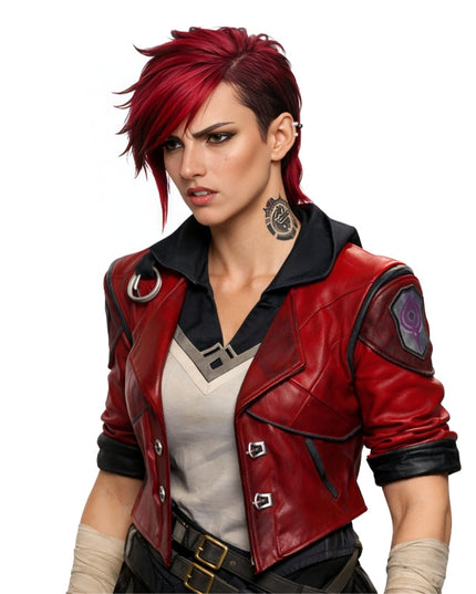 Person wearing a red leather jacket with a white background