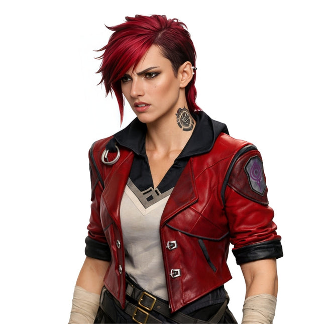 Person wearing a red leather jacket with a white background
