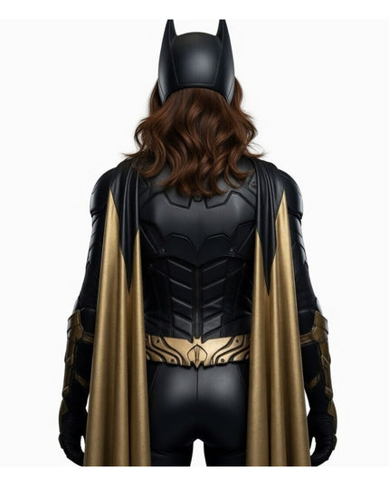 Person wearing a black superhero costume with a gold cape on a white background