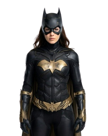 Person wearing a black and gold superhero costume with a bat emblem on a white background