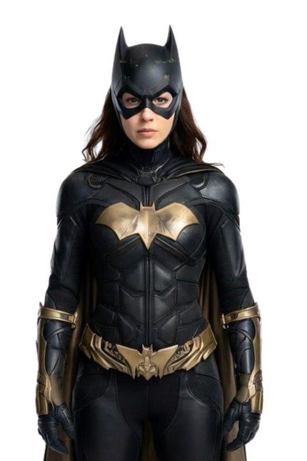 Person wearing a black and gold superhero costume with a bat emblem on a white background