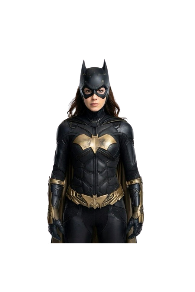 Person wearing a black and gold superhero costume with a bat emblem on a white background