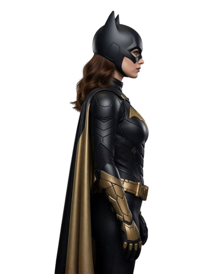 Superhero in black and gold costume on a white background