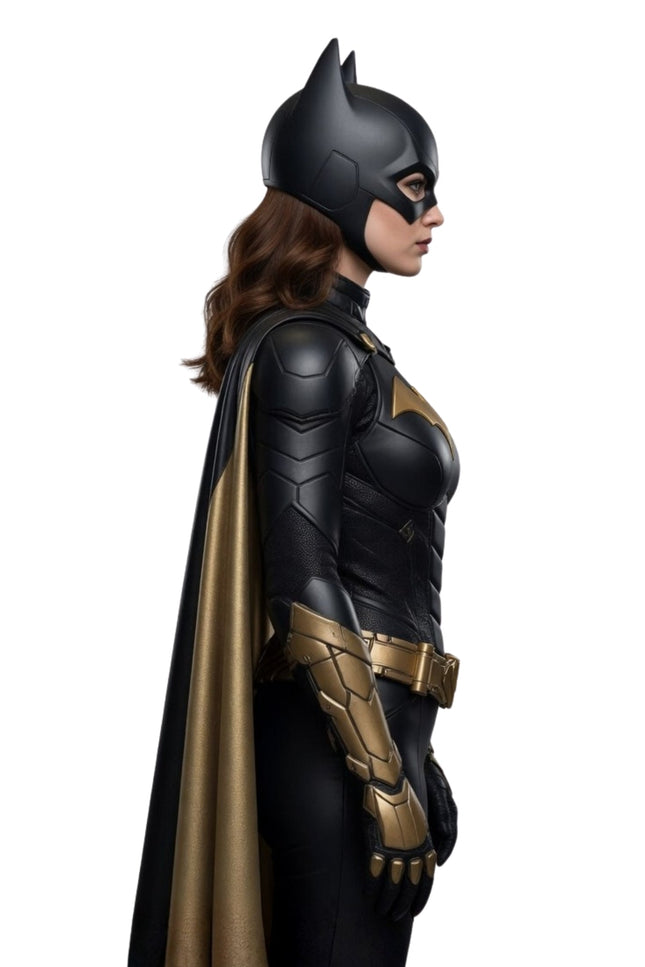 Superhero in black and gold costume on a white background