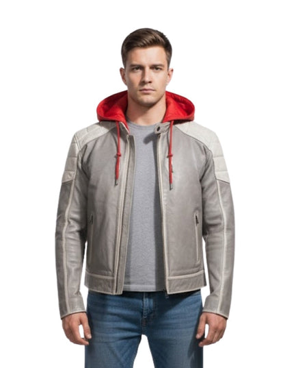 Man wearing a gray jacket with red hood and blue jeans on a white background