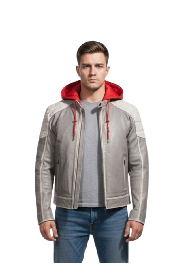 Man wearing a gray jacket with red hood and blue jeans on a white background