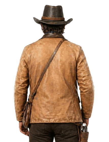 Person wearing a brown leather jacket and hat with a white background