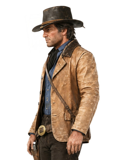 Man wearing a brown leather jacket and hat on a white background