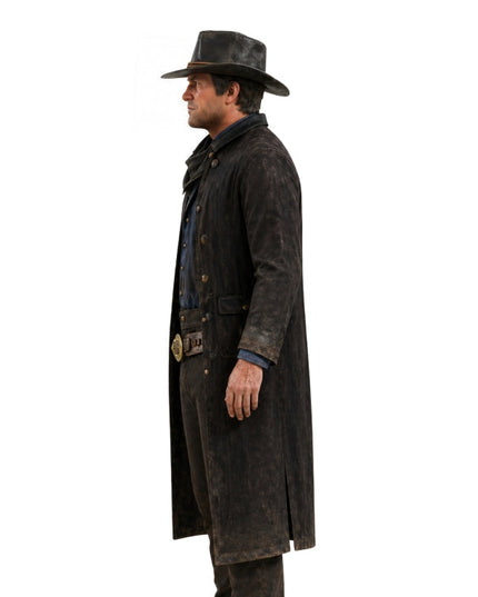 Man wearing a brown trench coat on a white background