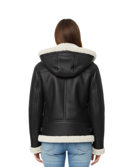 Black leather jacket with white fur lining worn by a person on a white background