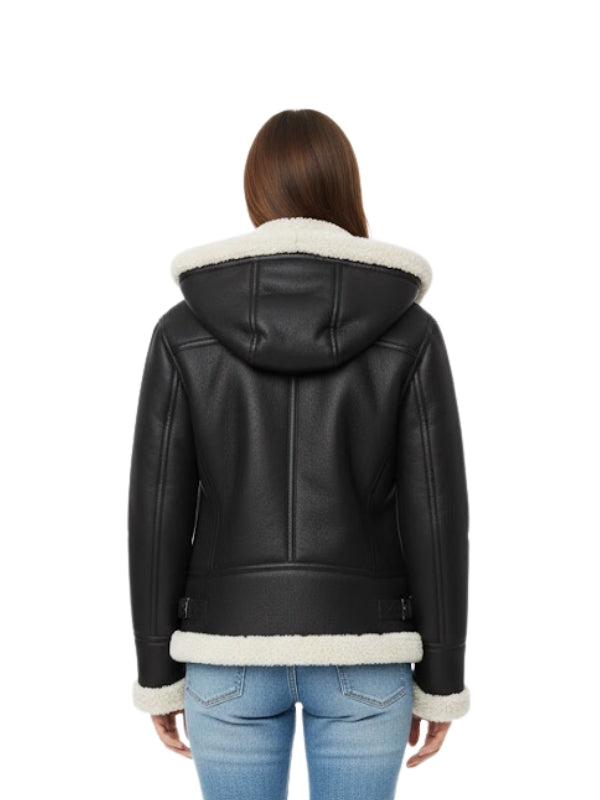 Black leather jacket with white fur lining worn by a person on a white background