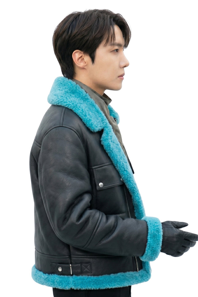 BTS J-Hope Black Blue Shearling Bomber Jacket