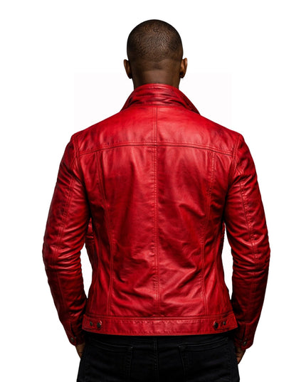 Red leather jacket worn by a person on a white background
