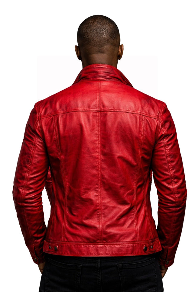 Red leather jacket worn by a person on a white background