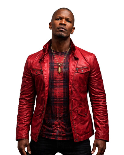 Man wearing a red leather jacket over a plaid shirt on a white background