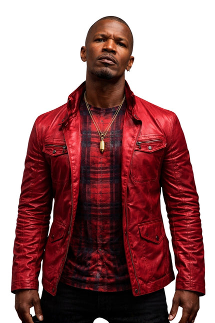 Man wearing a red leather jacket over a plaid shirt on a white background